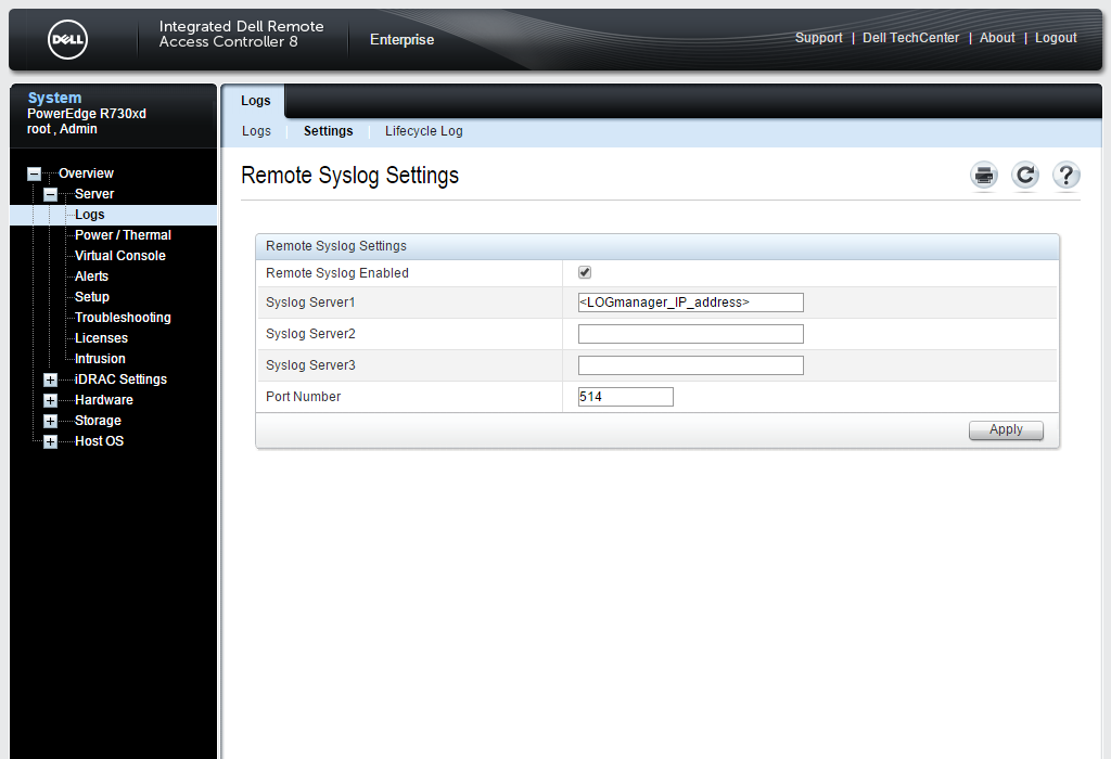 Menu Remote Syslog Settings