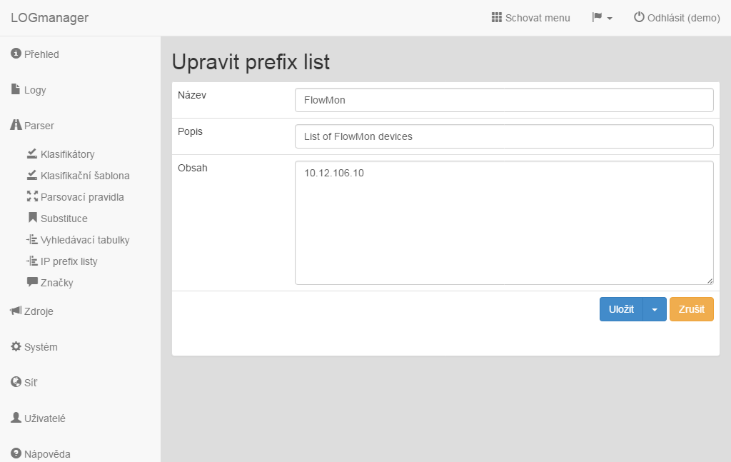 Upravit prefix list