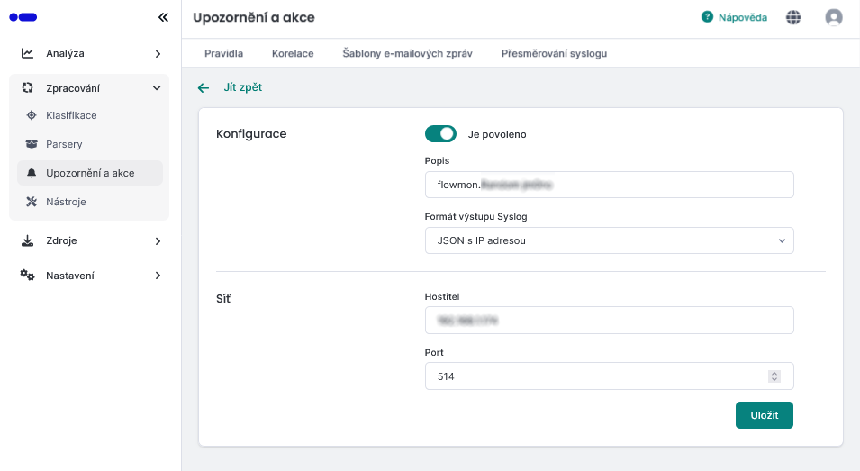 Náhled vytvoření nového cíle pro odesílání logů