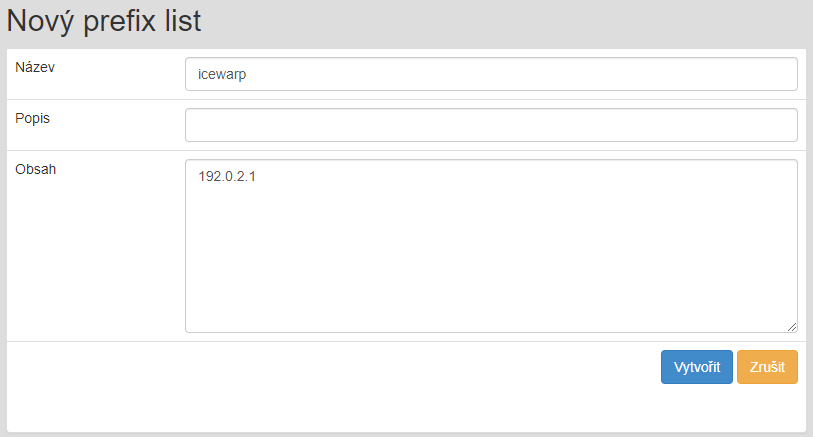 Nový IP prefix list