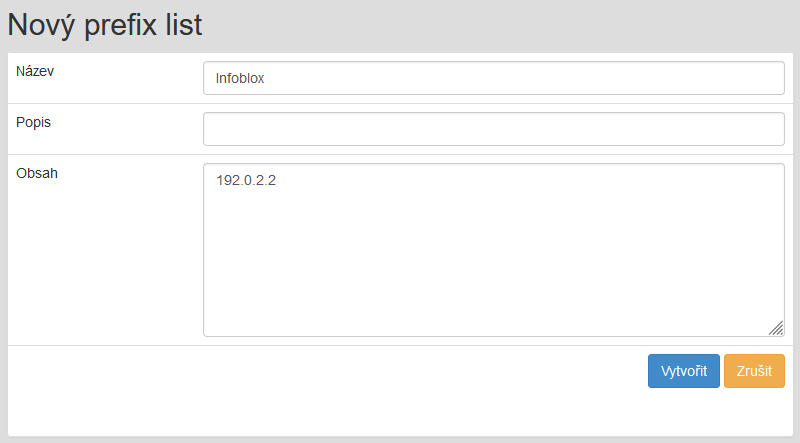 Nový IP prefix list