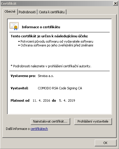 Informace o certifikátu