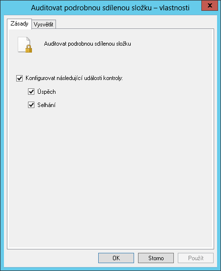 Konfigurovat následující události kontroly: úspěch a selhání