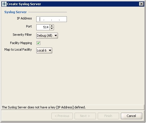 Okno nastavení Create Syslog Server