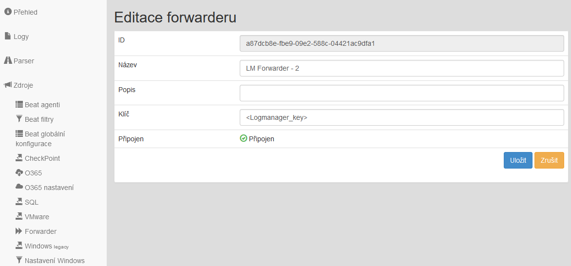 Editace nastavení Logmanager Forwarder