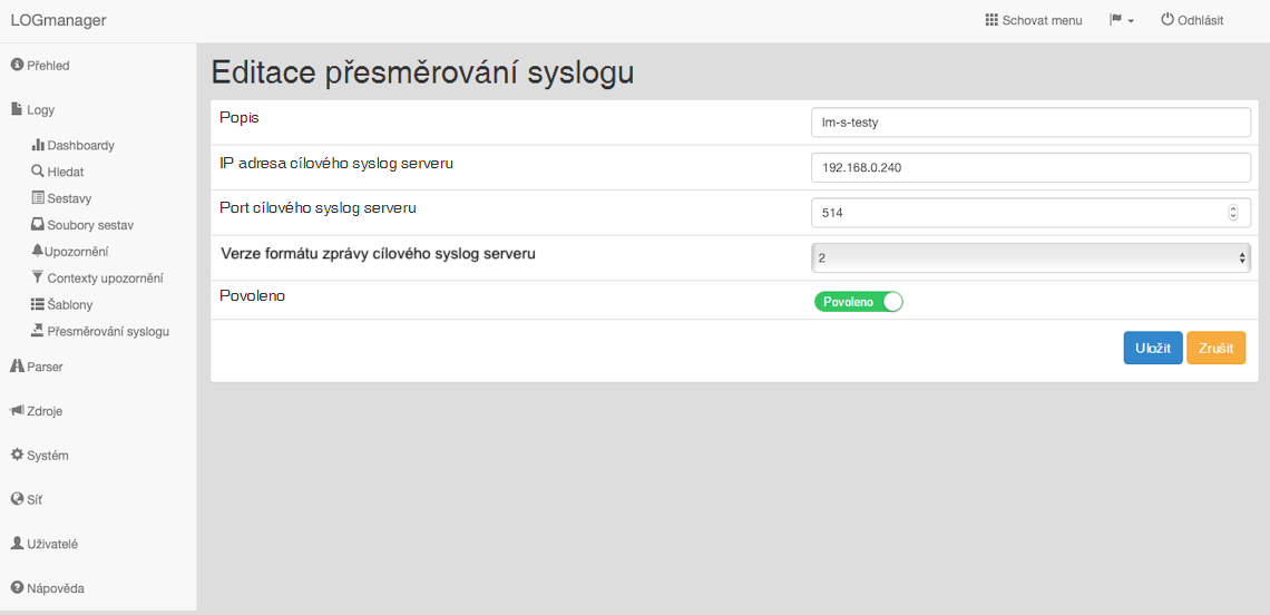 Editace přesměrování syslogu