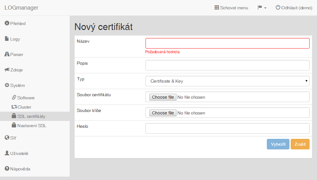 Přidání nového certifikátu a klíče