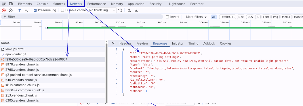 Lookup table id in Network tab