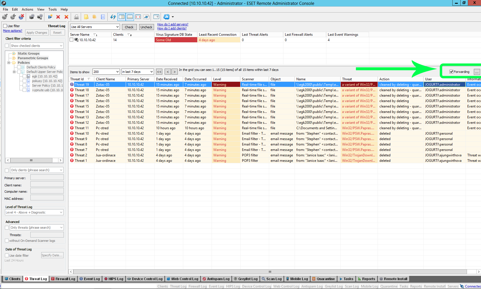 Forwarding of syslog messages from clients