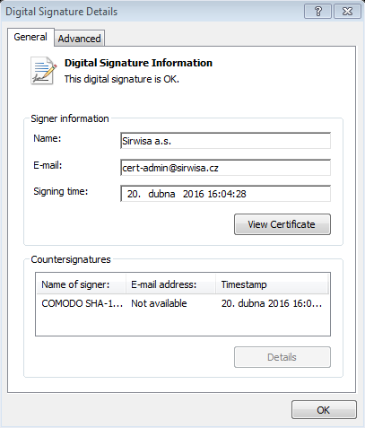 Digital signature details