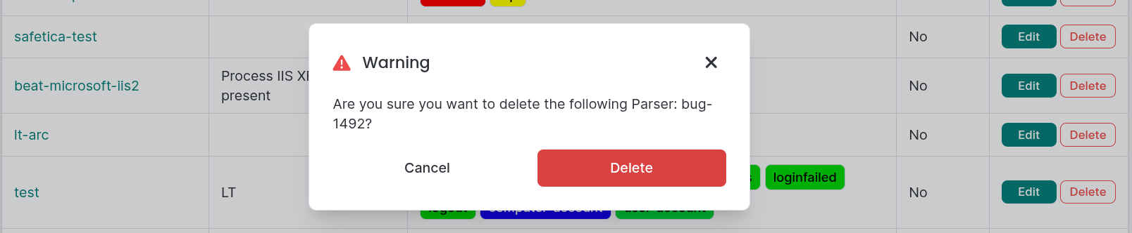 Deleting a parsing rule