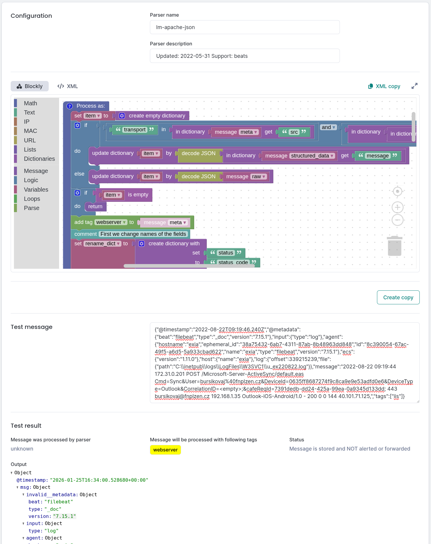 Editing a parsing rule