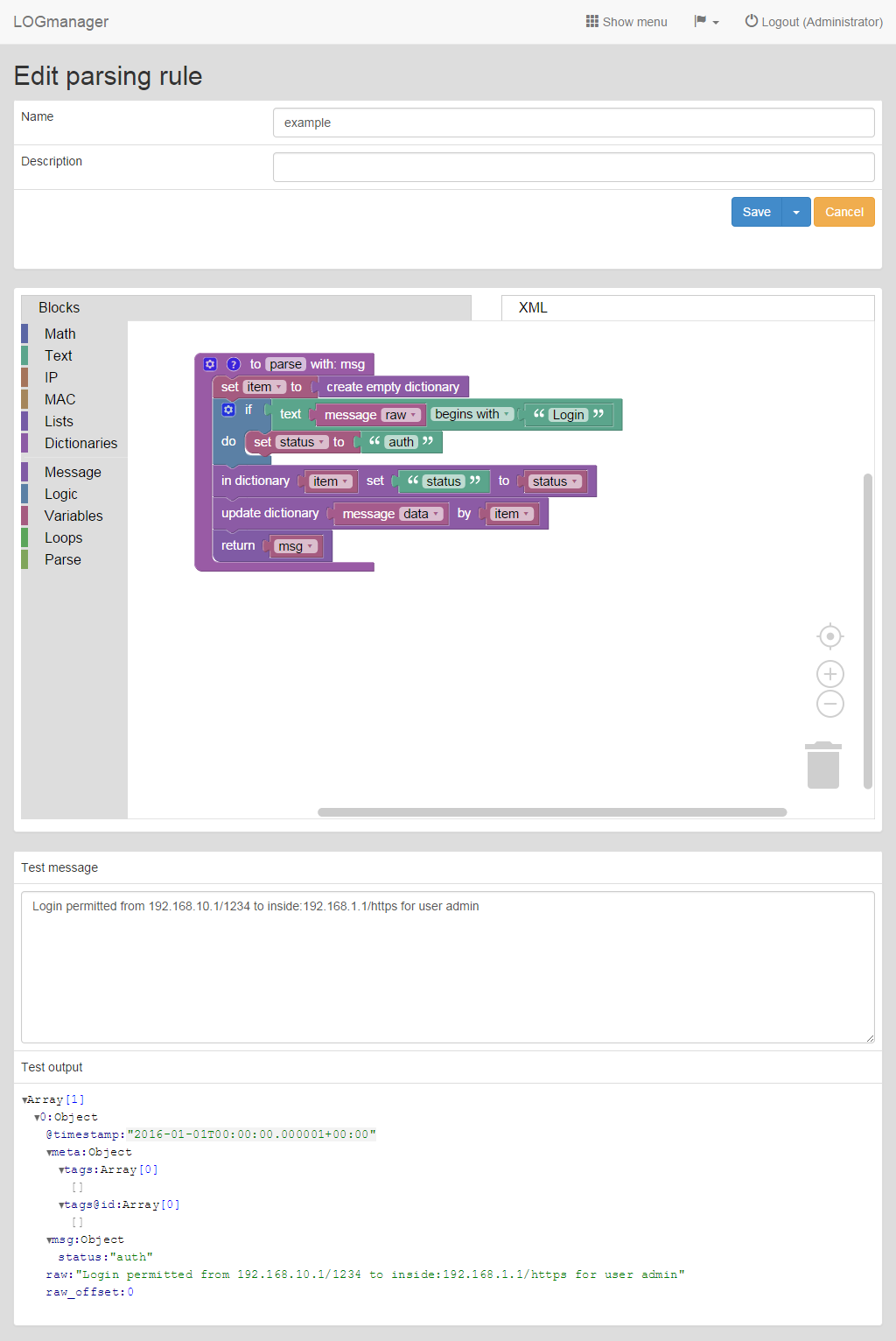 Editing a parsing rule