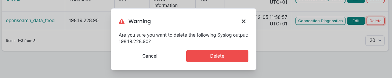 Syslog output delete popup