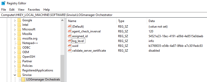 Logmanager Orchestrator registry settings