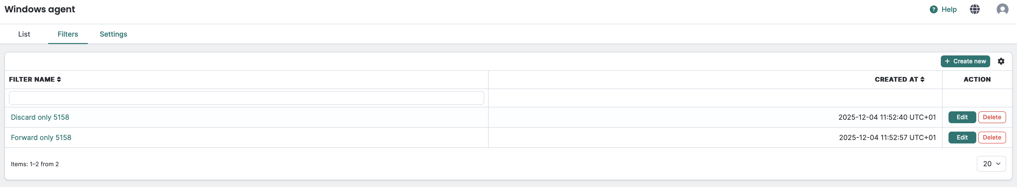 Windows Agent Filters page
